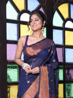 Navy Blue Cotton Saree With Zari Borders-MA64BCT401190047