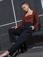 Women Black Front Button Paperback Waist Pants