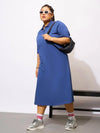 Women Navy Blue Polo Neck T Shirt Dress