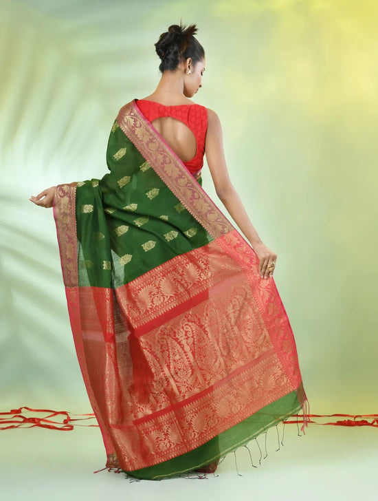 Green Cotton Saree With Nakshi Zari Borders-MA66BCT431050023