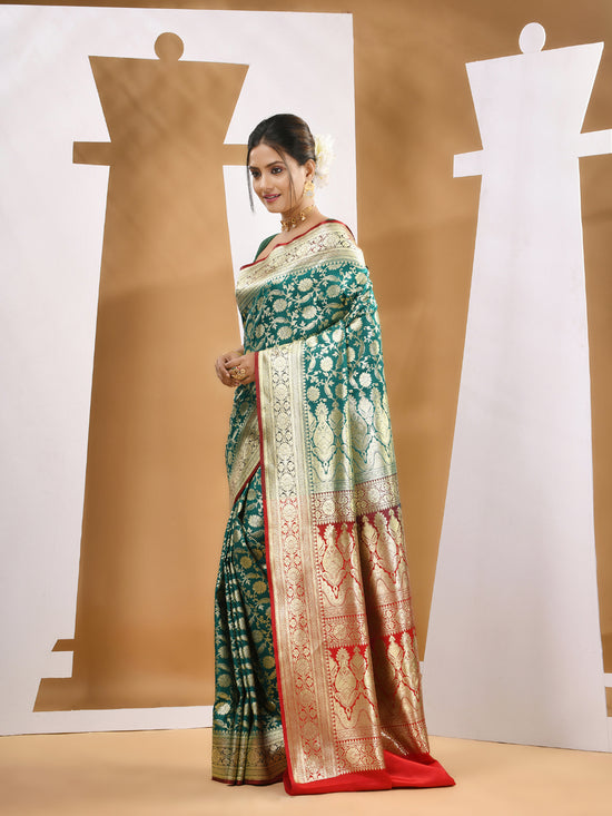 Teal Silk Banarasi Saree With Zari Woven Designs-MA53BSL441050011