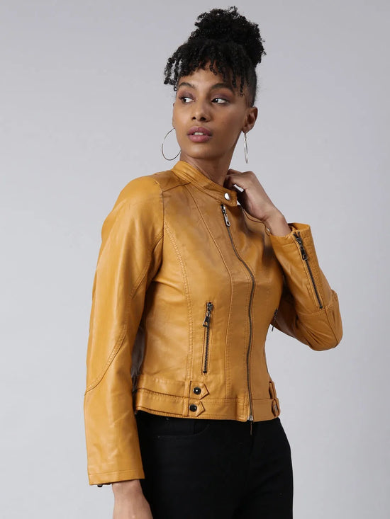 Women Solid Mustard Biker Jacket-8809-Mustard