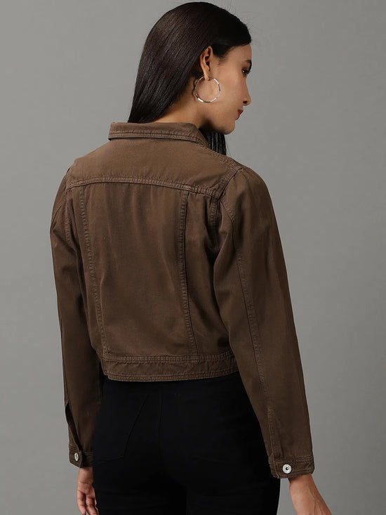 Women's Brown Solid Denim Jacket-IM-10322-Brown