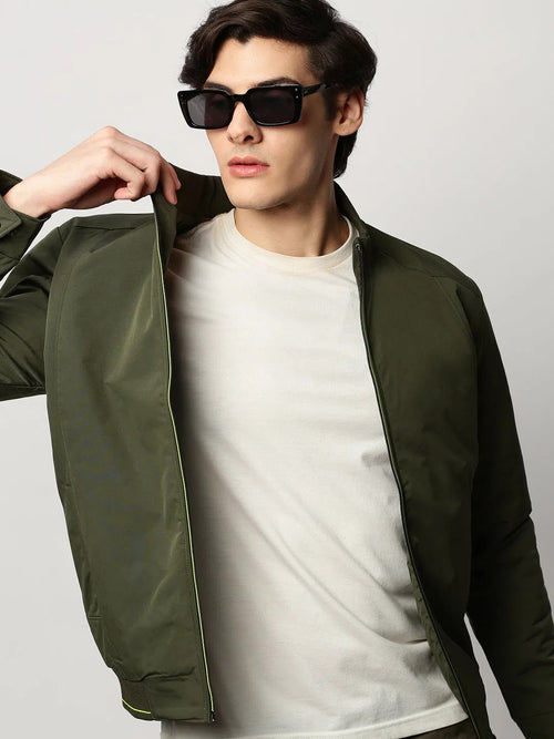 Men Green Solid Casual Bomber Jackets-ZD-3005-Olive