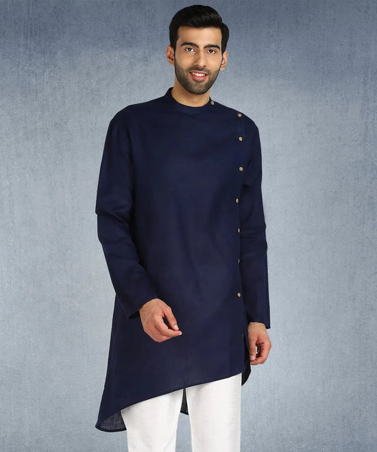 Hangup Men Standard Solid Men's Indian Wear-Navy_Aline_Ruby_Long2Kurta