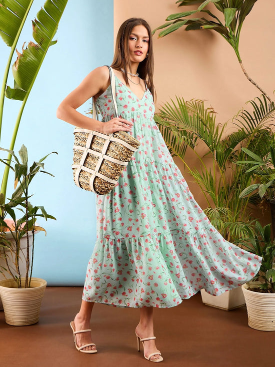 Women See Green Floral Strappy Tiered Maxi Dress