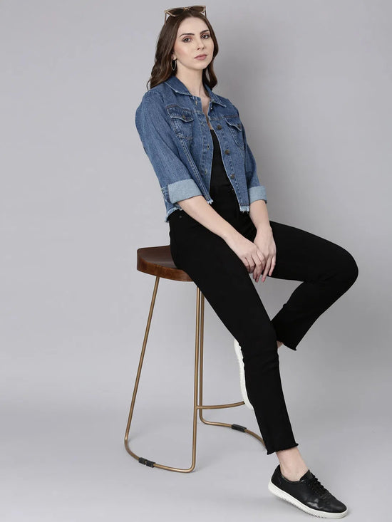 Women Blue Solid Denim Jacket-AE-0115-Blue