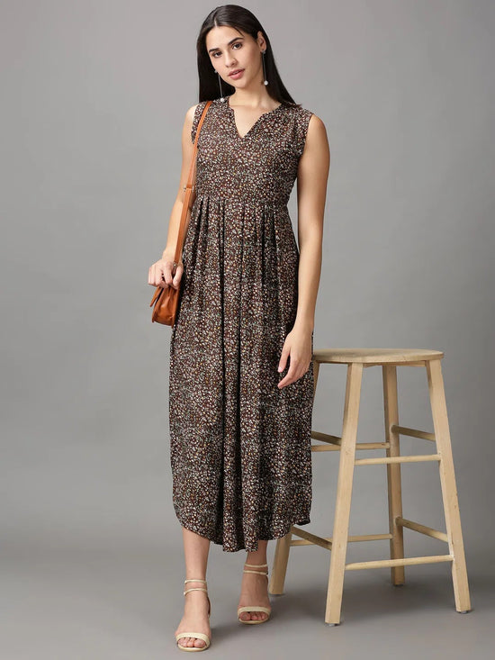 Women's Brown Floral Fit and Flare Dress-AE-15748-Brown