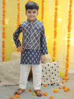 BownBee Boys Pure Cotton Printed Kurta Pajama with Jacket - Blue