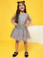 Tales & Stories Girls Grey Polyester Regular Fit Sequins Dress