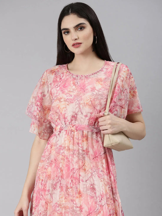 Women Pink Printed Fit and Flare Dress-DW-P-223-Pink