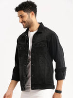 Men Charcoal Spread Collar Solid Denim Jacket-IB-DJ-02-Charcoal