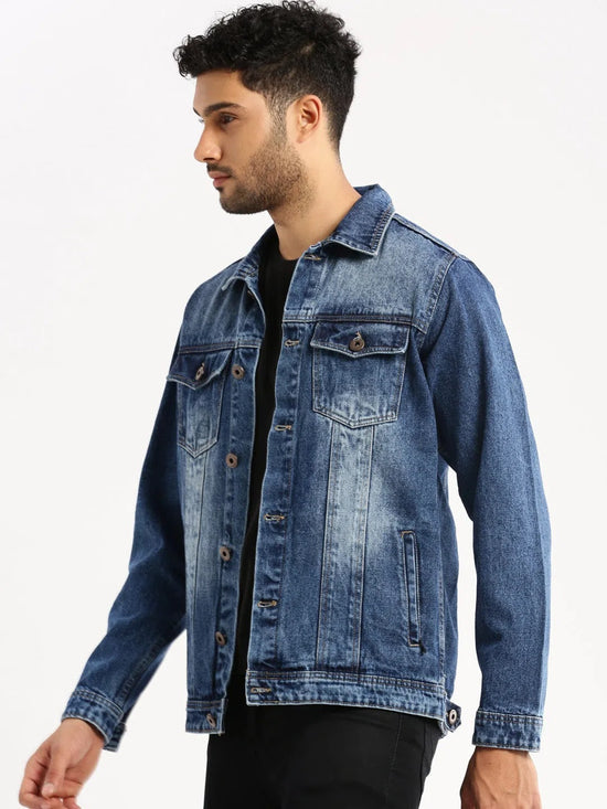 Men Blue Spread Collar Solid Denim Jacket-IB-DJ-04-5-Blue