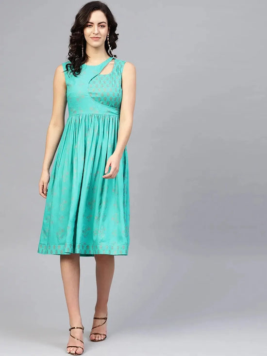 Printed Midi Dress with asymmetric overlap neck in Mint Blue