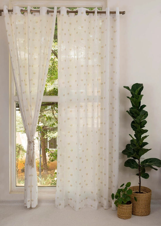 Sapling 100% Cotton Sheer floral curtain for Living room - Light filtering - Yellow - Pack of 1-230423089