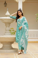 Vaasva Women Green Linen Kurta Embroidered Kurta Set With Solid Pants & Dupatta-132-Vaas-Green