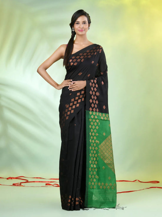 Black Cotton Saree With Geomatric Patterns-MA66BCT43830039