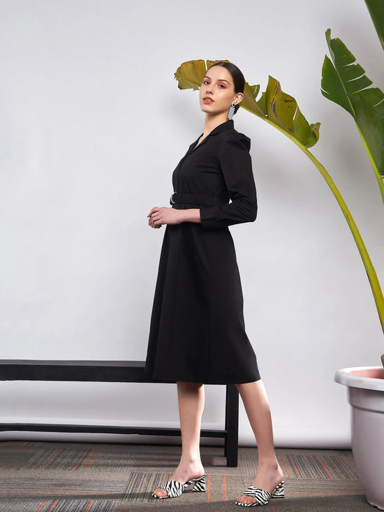 Women Black Poplin Ruched Belted Shirt Dress