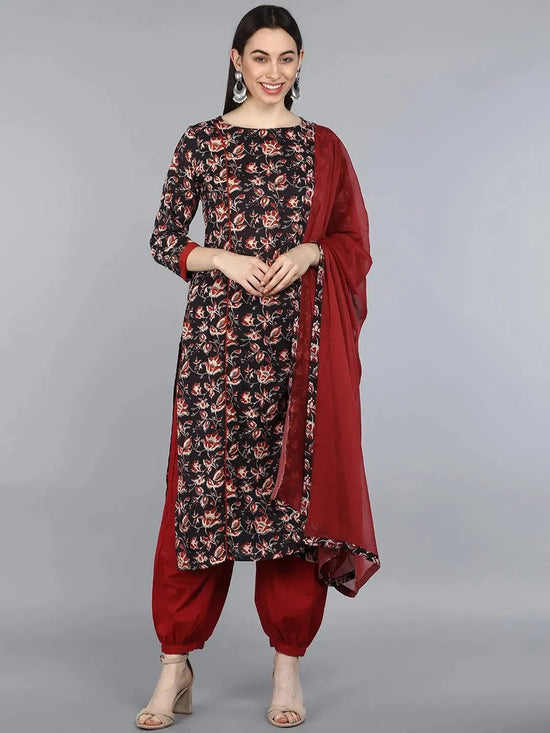 Ahika Women Black Cotton Printed Straight Kurta Salwar Set