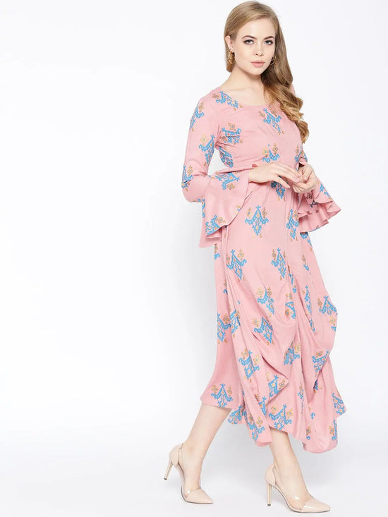 Bell Sleeve ikat print Long dress with front drape in Dusty Pink