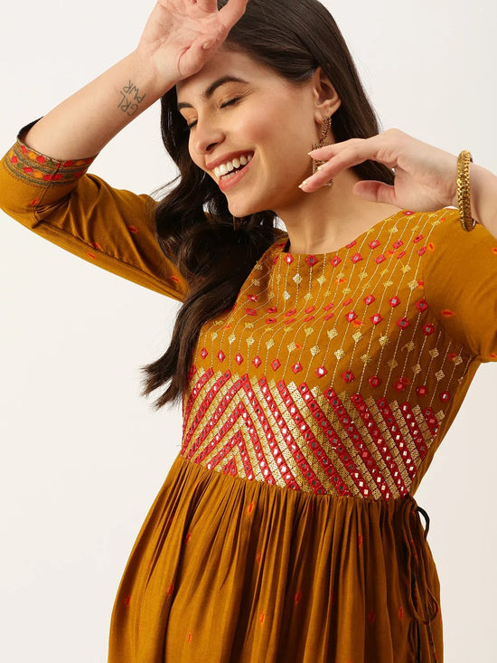 Women's Mustard Printed A-Line Kurtas-GW-2639-Mustard