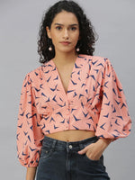 Women's Peach Printed Crop Tops-AE-10292-Peachnavyblue