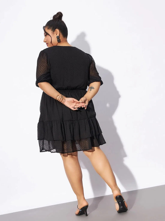 Women Black Dobby Frill Hem Skater Dress