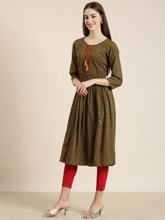 Women Olive Geometrical A-Line Kurta-NJ-3715299-Olive