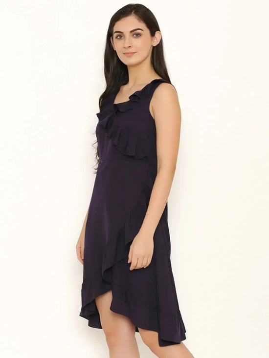 Overlap Dress with frill at neck and hem in Purple