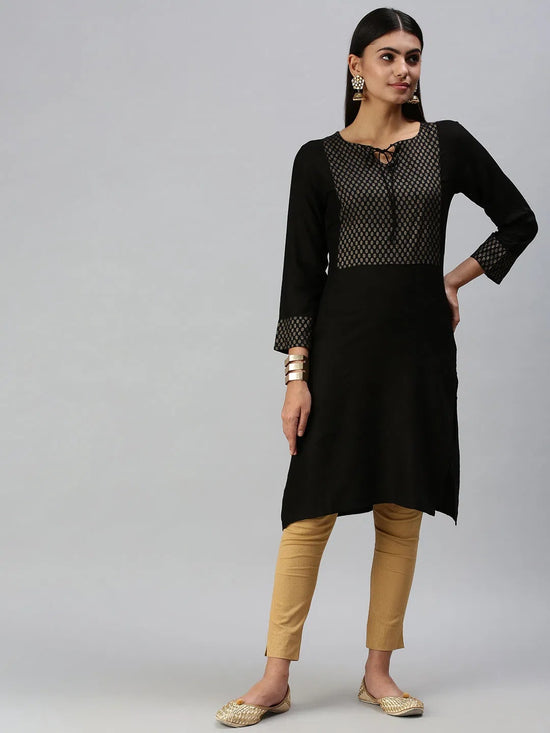 Women's Black Geometrical Straight Kurti-RF082-Black