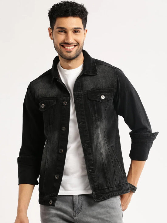 Men Charcoal Spread Collar Solid Denim Jacket-IB-DJ-08-Charcoal