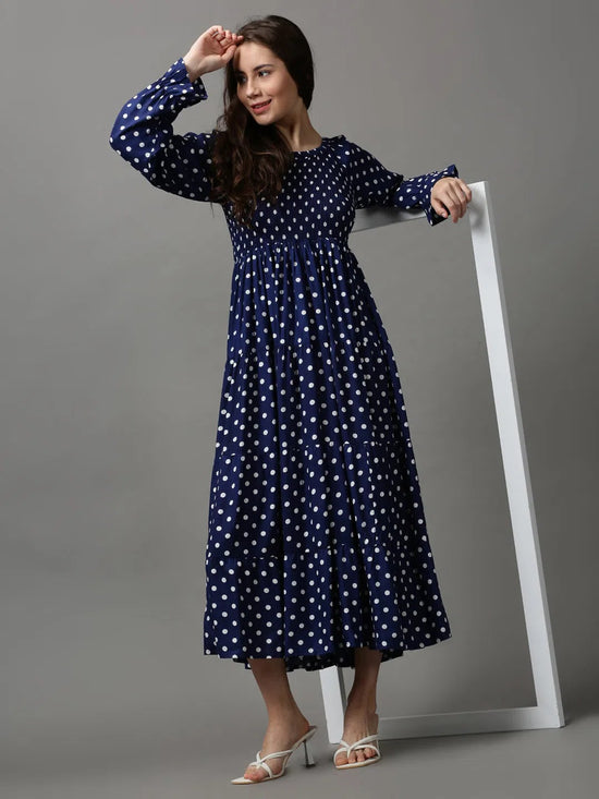 Women's Blue Printed Fit and Flare Dress-ON-526-Navyblue