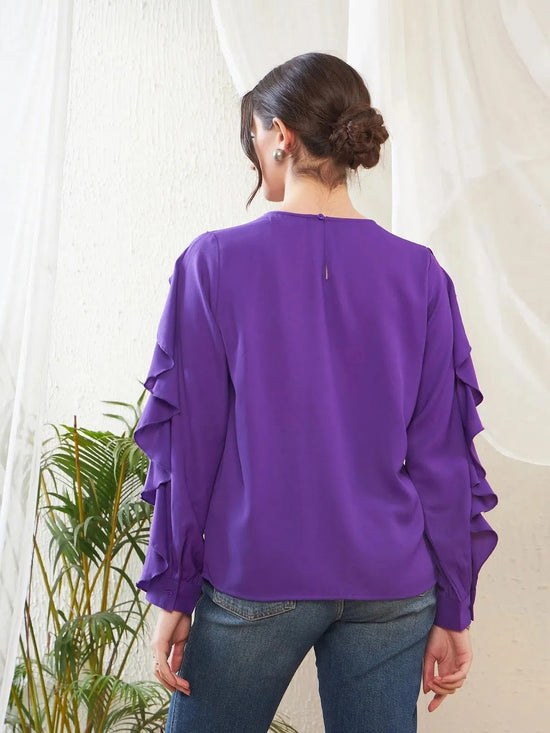 Women Purple Full Sleeves Ruffle Top