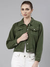 Women Green Solid Denim Jacket-GZ-5598-Green