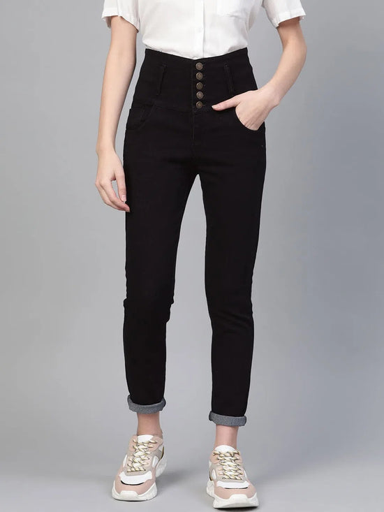 Black Metal Button High Waist Jeans