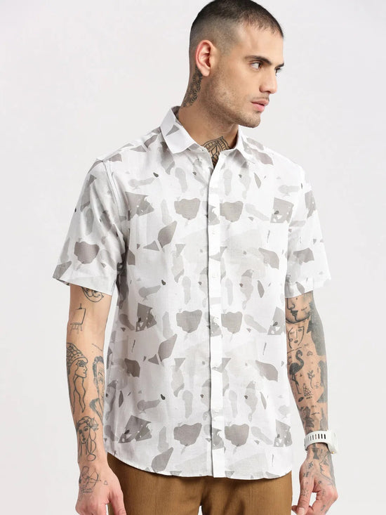 Men Spread Collar Abstract White Casual Shirt-NAHAR-2161-White