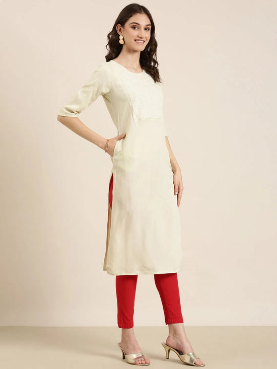 Women Cream Solid Straight Kurta-NJ-3612218-Cream