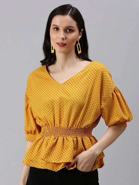 Women's Mustard Polka Dots Top-SH-7141-Mustard