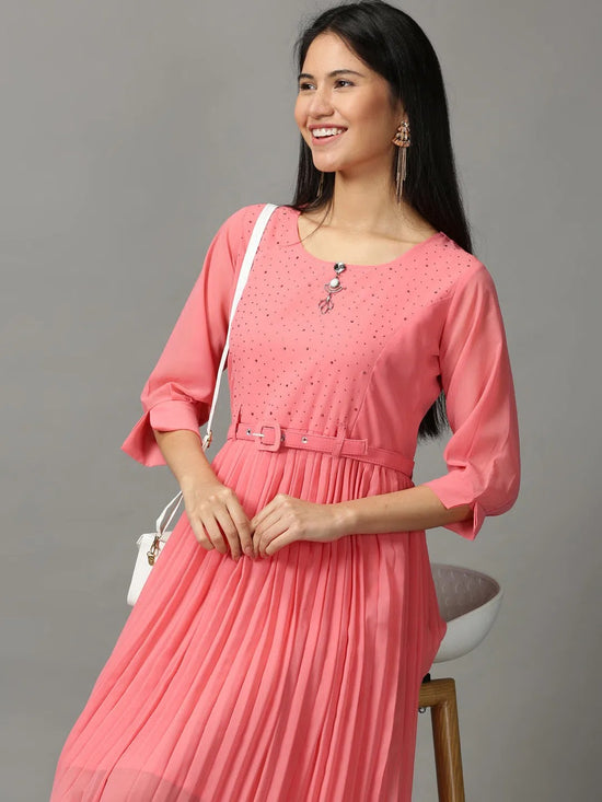 Women's Pink Solid Fit and Flare Dress-KG-8045-Pink