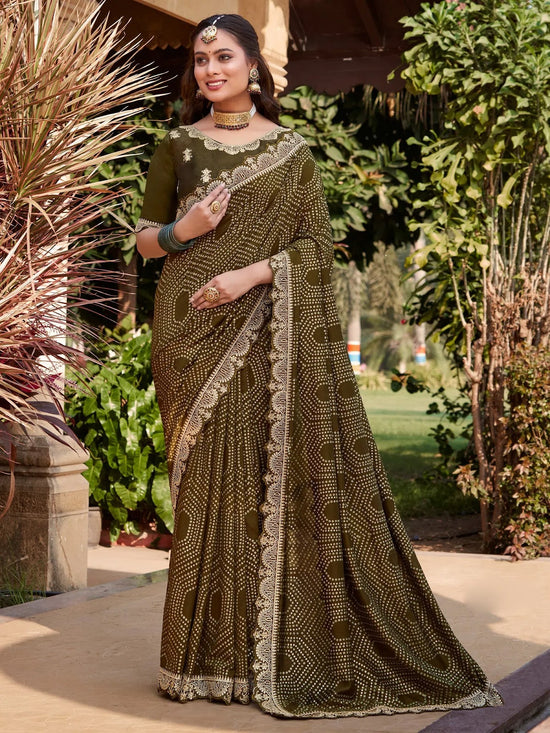 Saree Mall Women's Vichitra  Olive Printed Designer Saree With Blouse Piece-TRANA81954