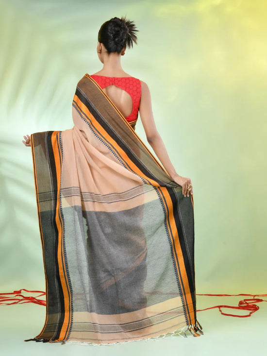 Beige Cotton Saree With Temple Borders-MA66CT43640014