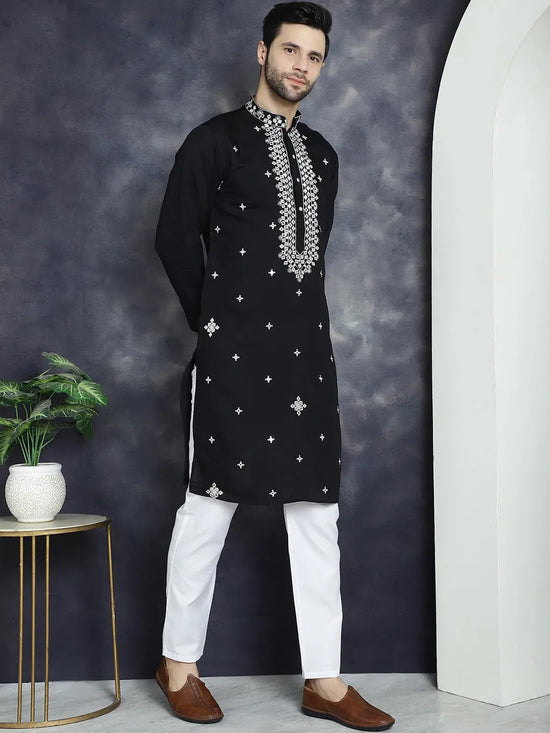 Men's Embroidered Kurta With Pyjama.-JOKP-P-5045Black