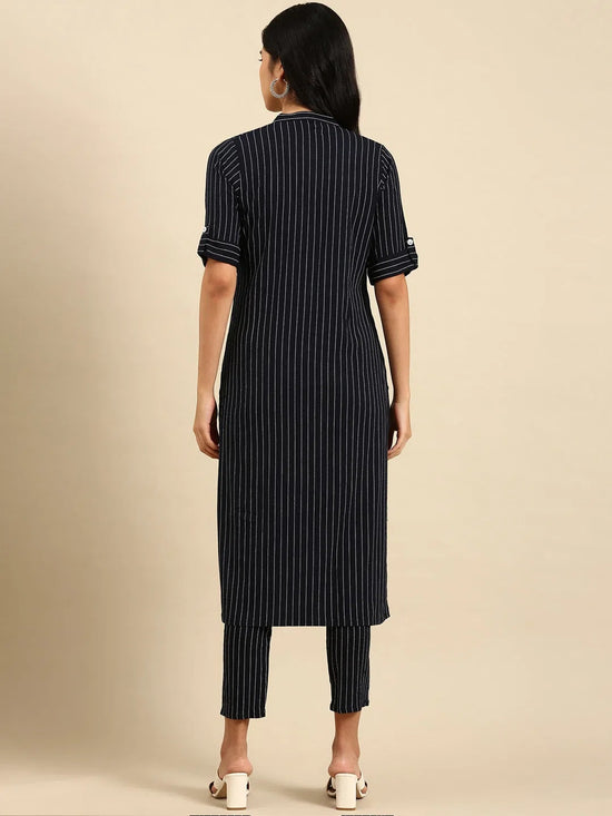 Women's Navy Blue Striped Kurta Set-SKC-7915-Navyblue