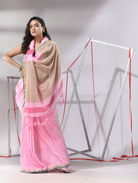 Baby Pink Cotton Saree With Dual Border-MA55CT06540035