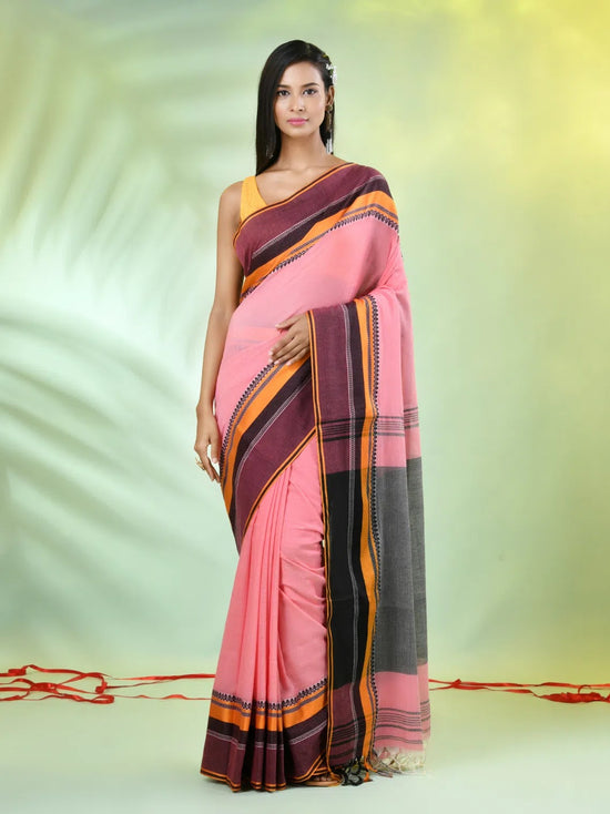 Peach Cotton Saree With Temple Borders-MA66CT43640010