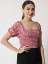 Pink Floral Print Smocking Crop Top