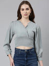 Solid V-Neck Grey Cinched Waist Crop Top-AE-10629-Grey