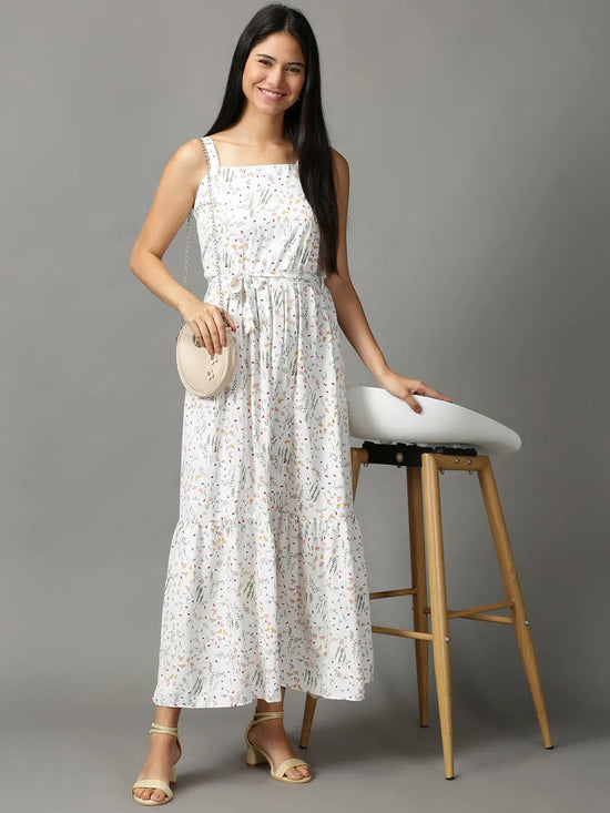 Women's White Printed Fit and Flare Dress-AE-15665-White