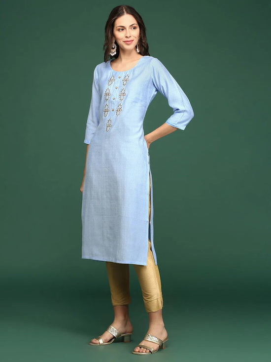 Women's Blue Embellished Straight Kurta-SKC-3217-Blue