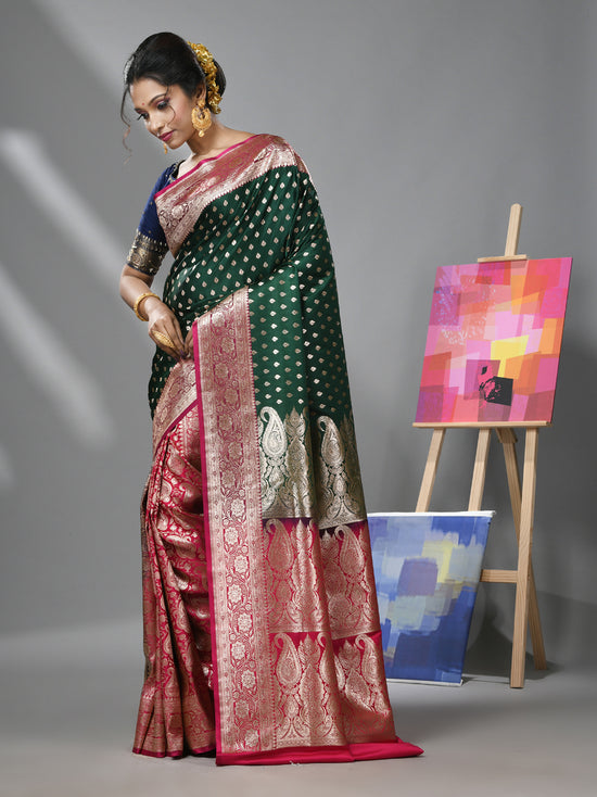 Green And Pink Katan Silk Banarasi Patli Pallu Saree With Ethnic Motifs And Zari Woven Designs-MA52KA441380066